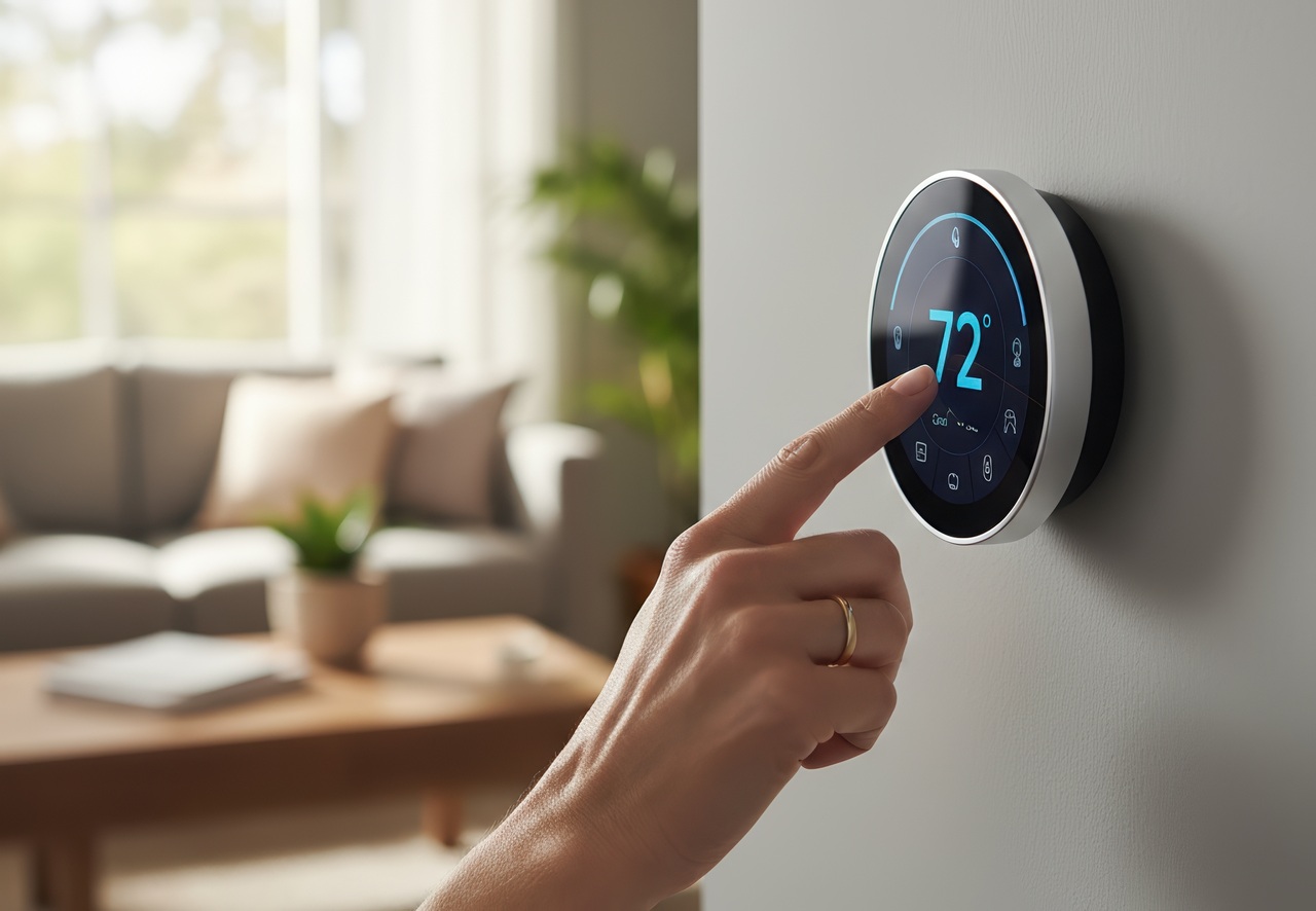 Hand adjusting a smart thermostat set to 72 degrees on a wall inside a bright, modern living room.
