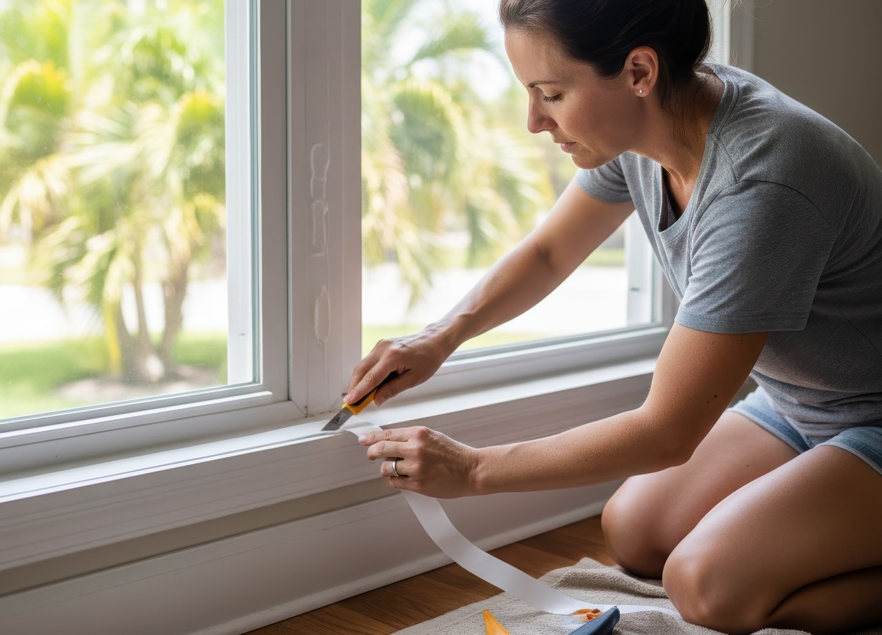 Person applying weatherstripping to a window frame indoors to seal gaps and improve home insulation.