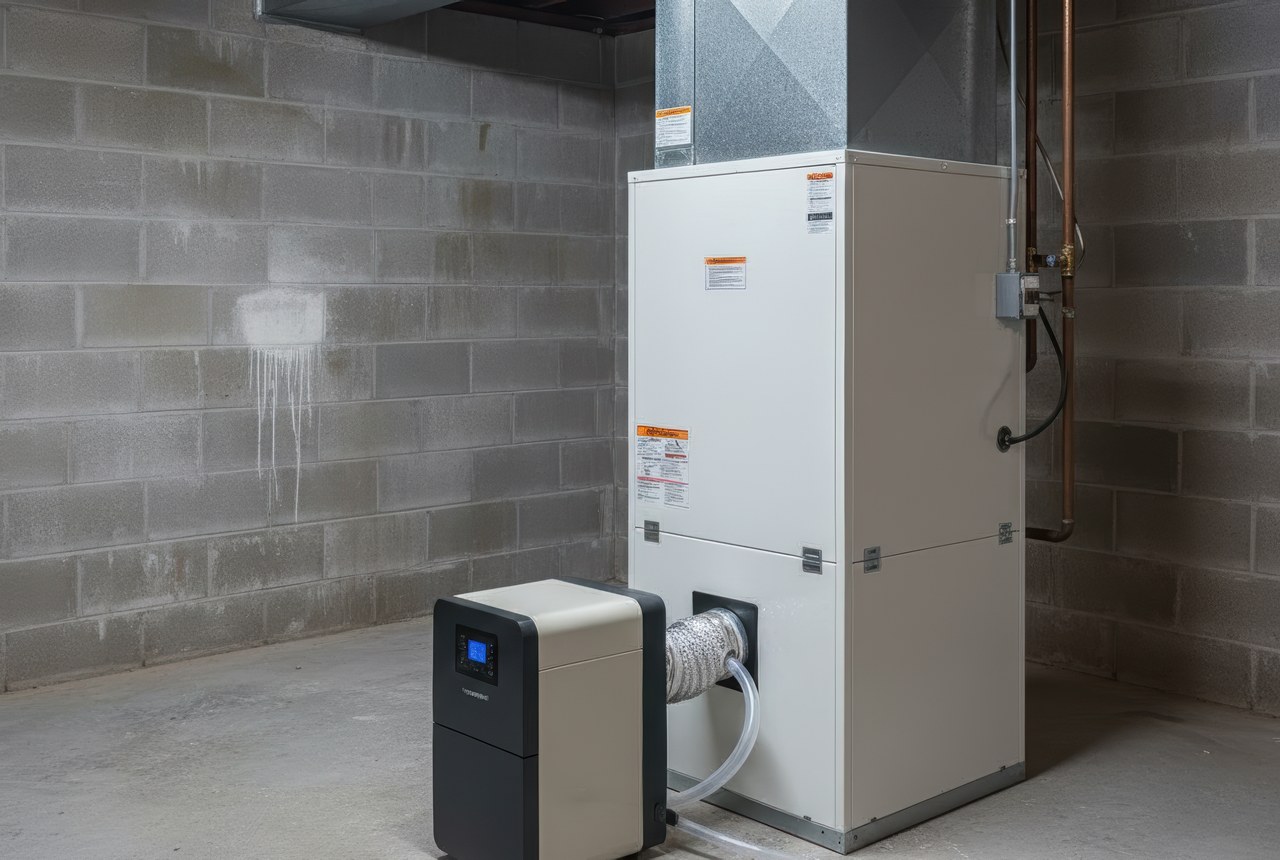 Whole-home dehumidifier connected to an HVAC system in a basement, controlling moisture and improving indoor air quality.