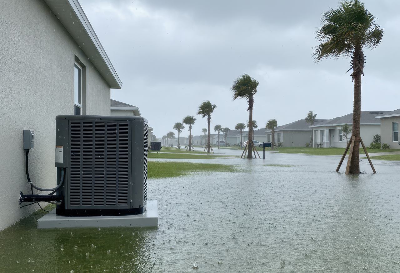 Outdoor air conditioning unit mounted beside a house as floodwater surrounds the yard during a storm, with palm trees bending in strong wind and standing water covering the neighborhood.