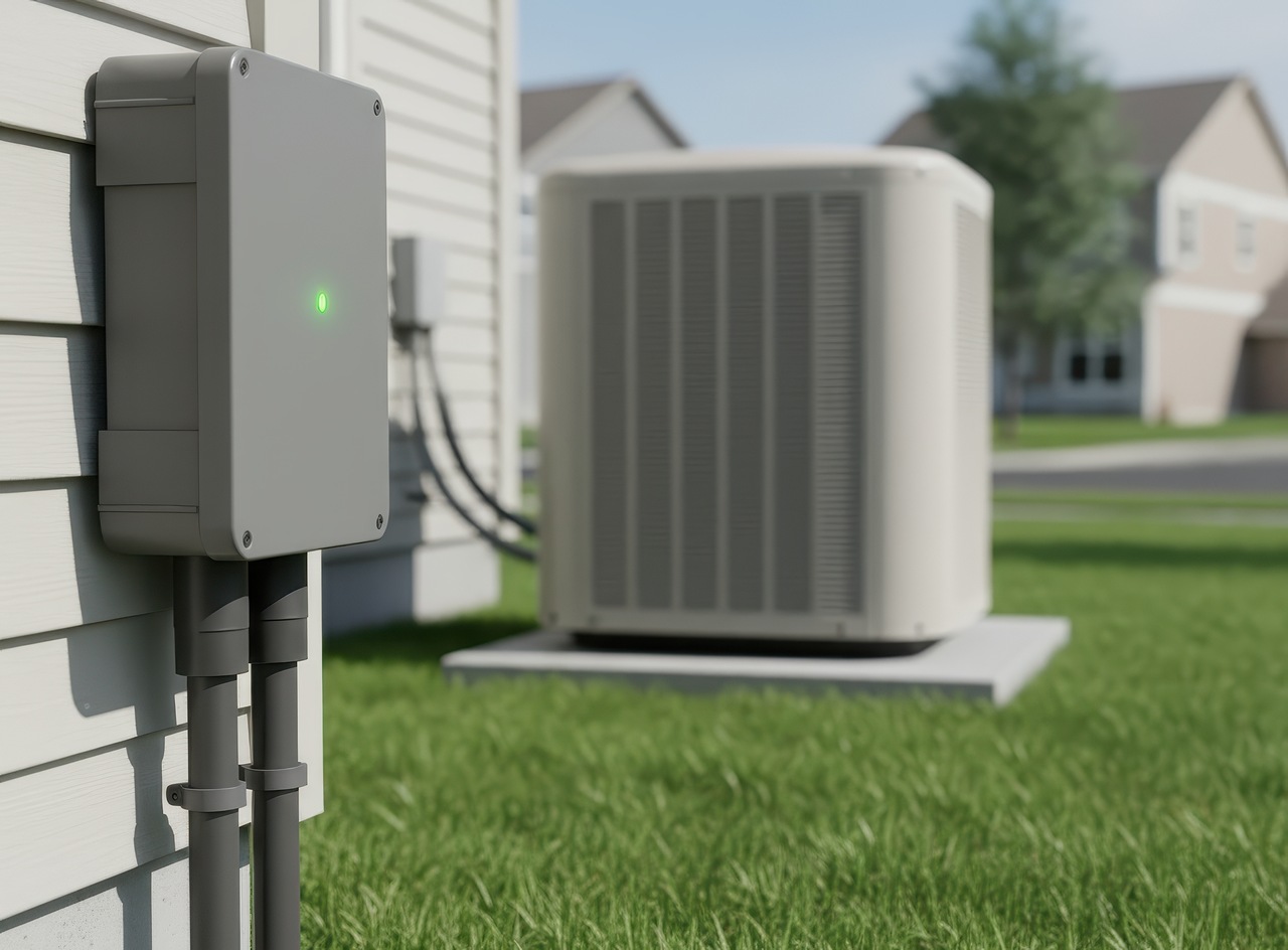 Electrical disconnect box with a green indicator light mounted on the exterior wall of a house, with an outdoor air conditioning unit on a concrete pad in the background.