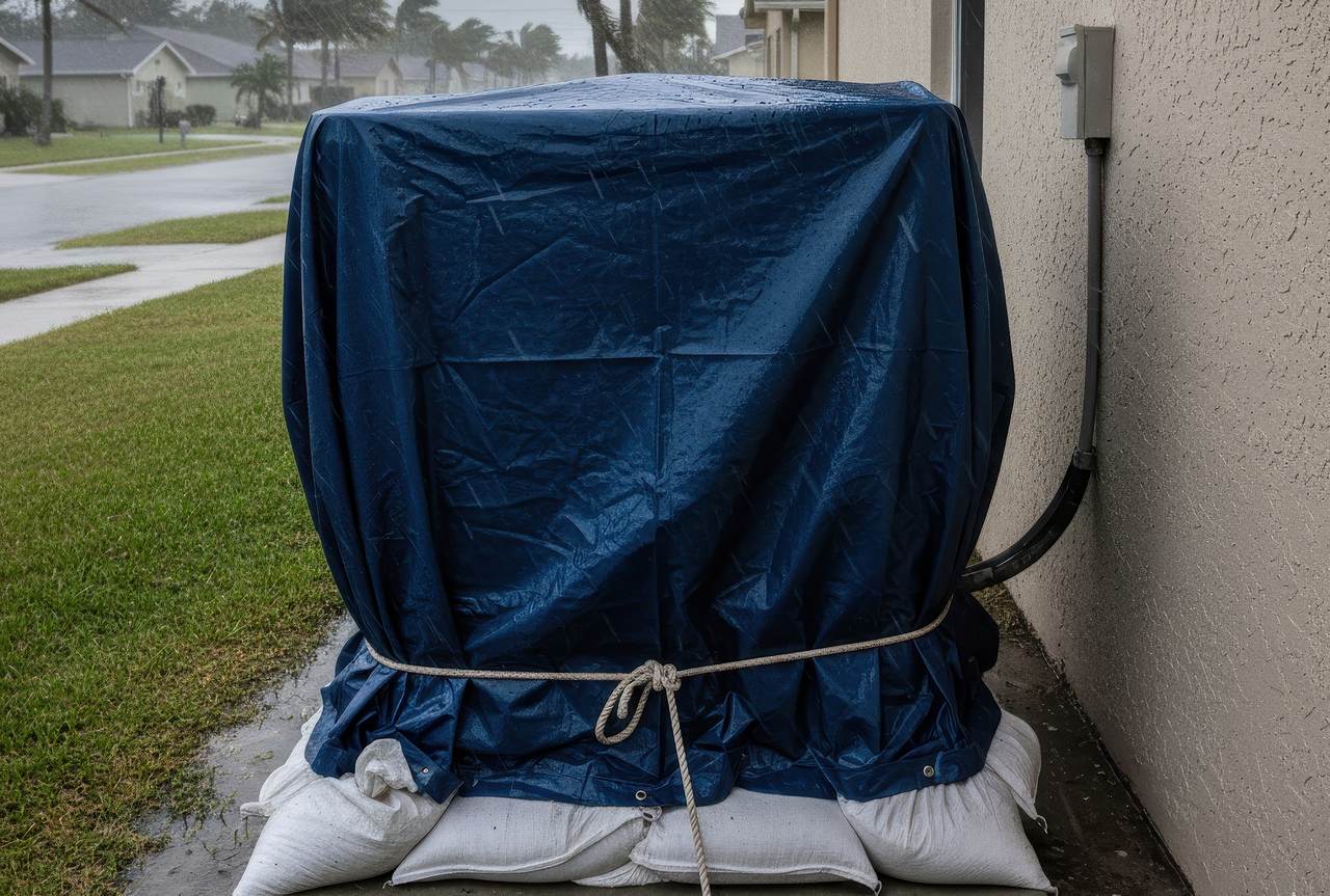 “Air conditioning unit covered with a tarp and sandbags during a storm.