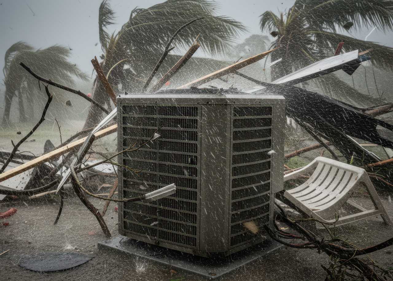 Outdoor air conditioning unit surrounded by flying debris during a hurricane, with strong winds, heavy rain, and damaged palm trees.