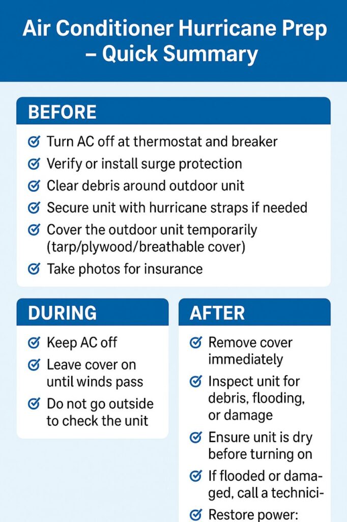 “Air conditioner hurricane prep checklist showing steps before, during, and after a storm to protect the AC unit safely.