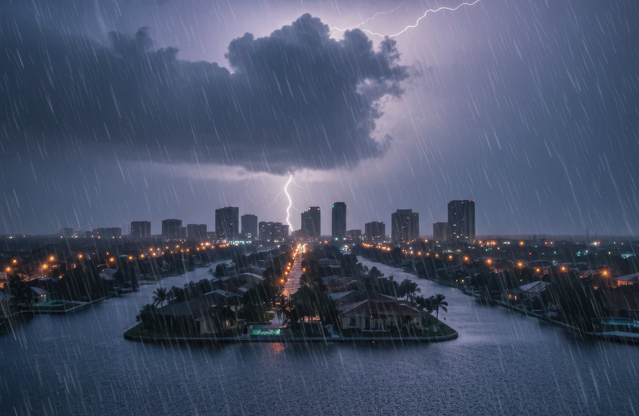 Nighttime storm over a coastal city, with heavy rain, dark clouds, and lightning striking near flooded waterways.