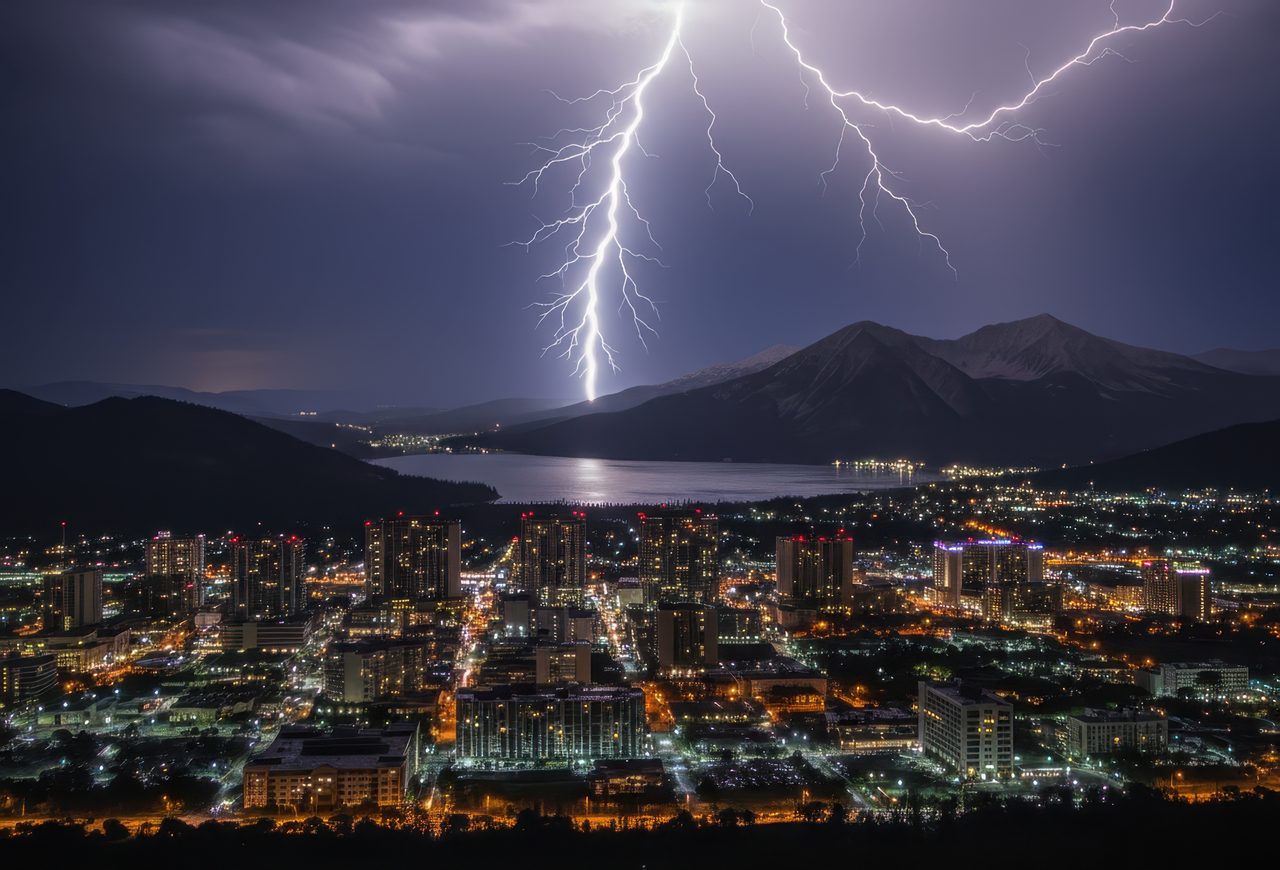 Lightning striking near a coastal city at night, highlighting severe weather conditions and the risk of power surges to homes.