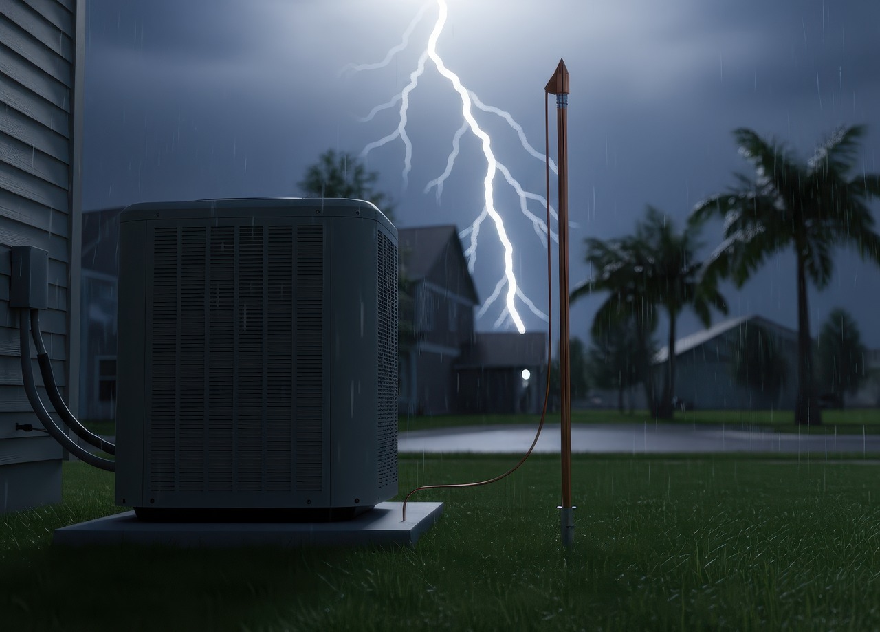 Outdoor air conditioning unit beside a house during a nighttime thunderstorm, with lightning striking nearby and a copper lightning rod installed next to the unit for electrical protection.