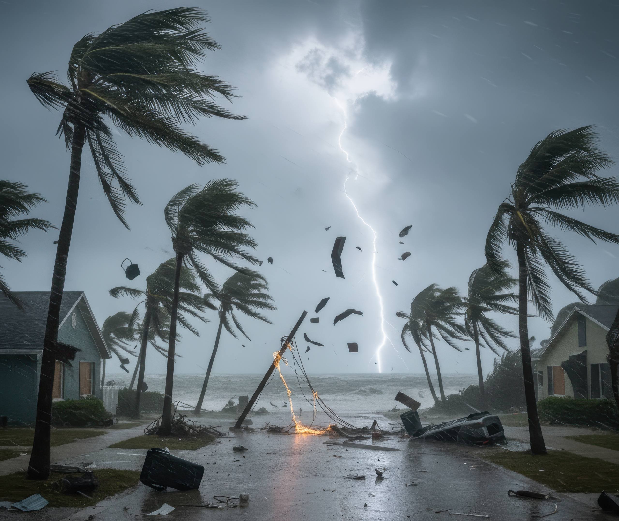 should-i-turn-off-ac-during-hurricane Severe hurricane with strong winds, lightning, and debris damaging homes, showing why homeowners ask should I turn off my air conditioner during hurricane events.