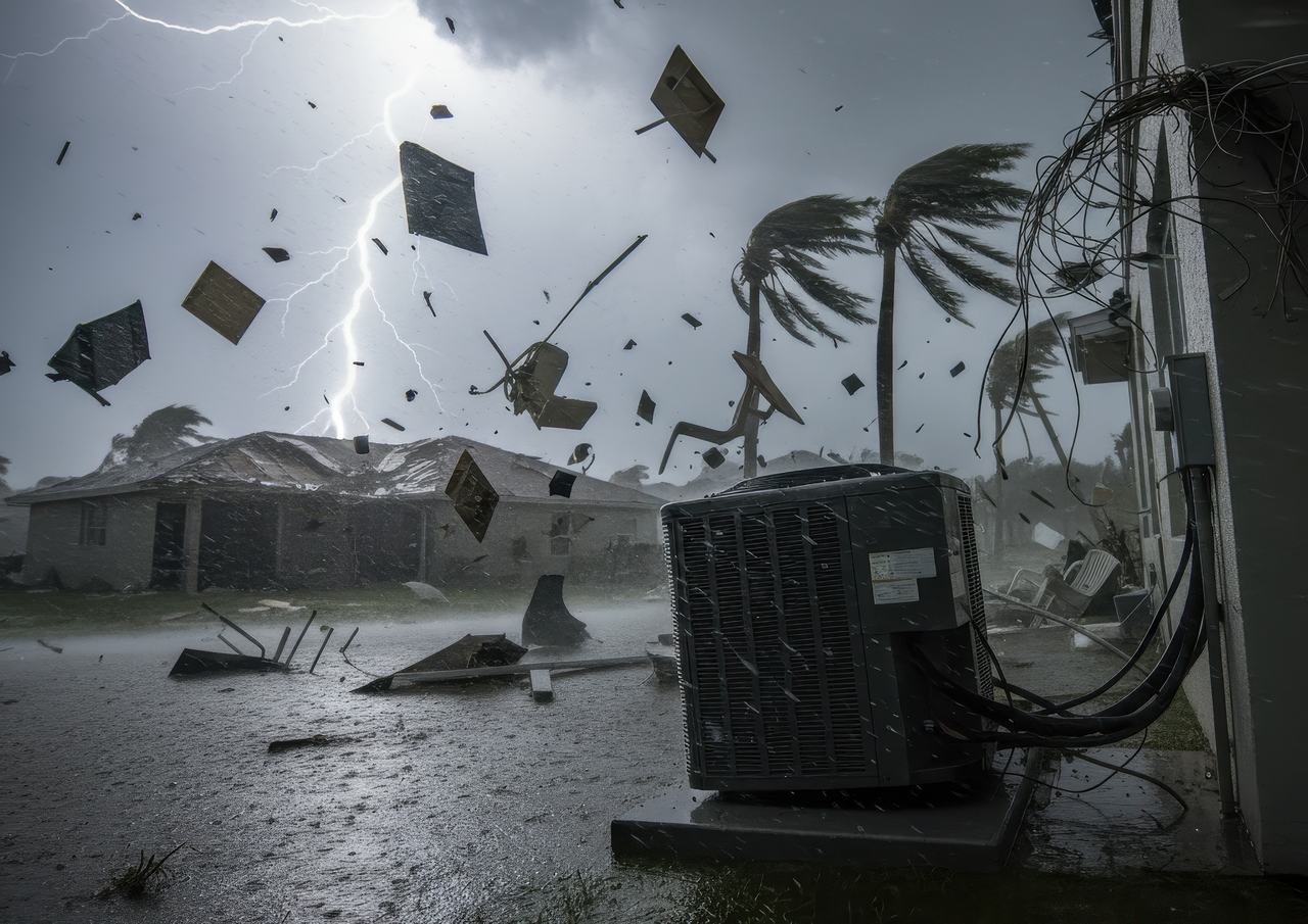 Outdoor air conditioning unit beside a house during a hurricane, with lightning in the sky, heavy rain, strong winds, palm trees bending, and debris flying through the air around the unit.