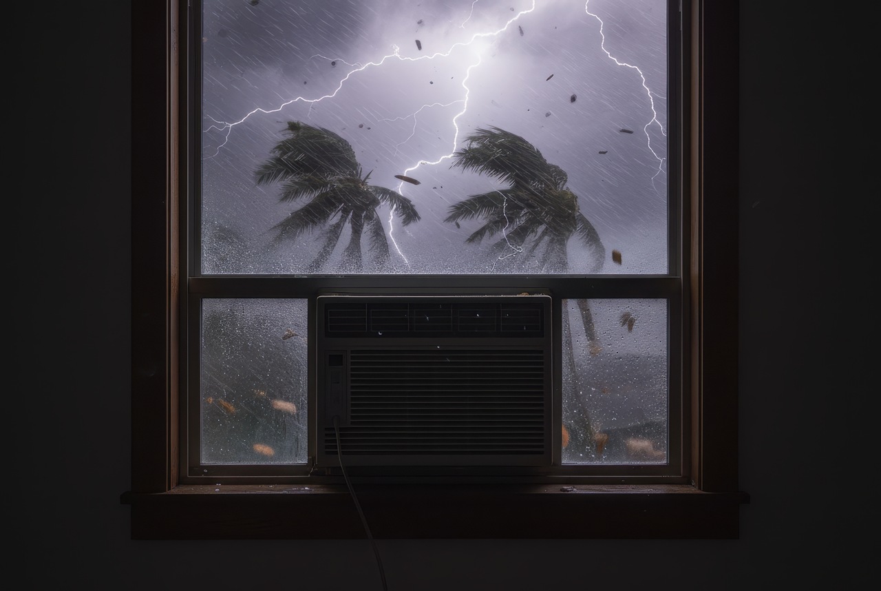 View from inside a dark room of a window air conditioner as a hurricane rages outside, with lightning, heavy rain, flying debris, and palm trees bent by strong winds.”