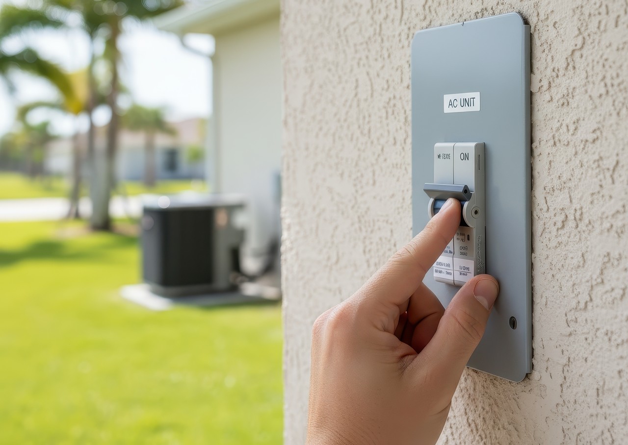 A hand turning off an exterior electrical disconnect switch labeled ‘AC unit’ on the outside wall of a house, with an outdoor air conditioning unit visible in the background.