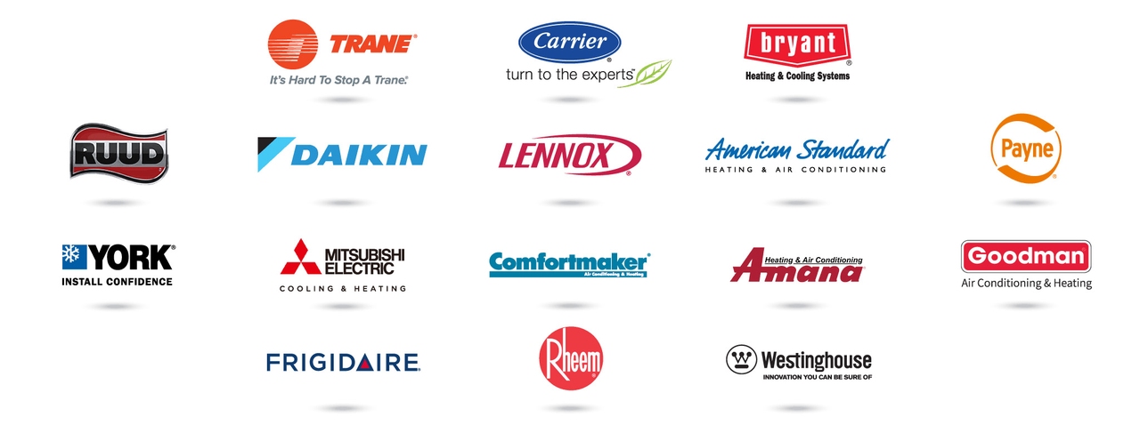 Logos of popular air conditioner brands, including Trane, Carrier, Bryant, Lennox, Daikin, Goodman, Rheem, York, Mitsubishi Electric, Amana, and other well-known HVAC manufacturers displayed together.