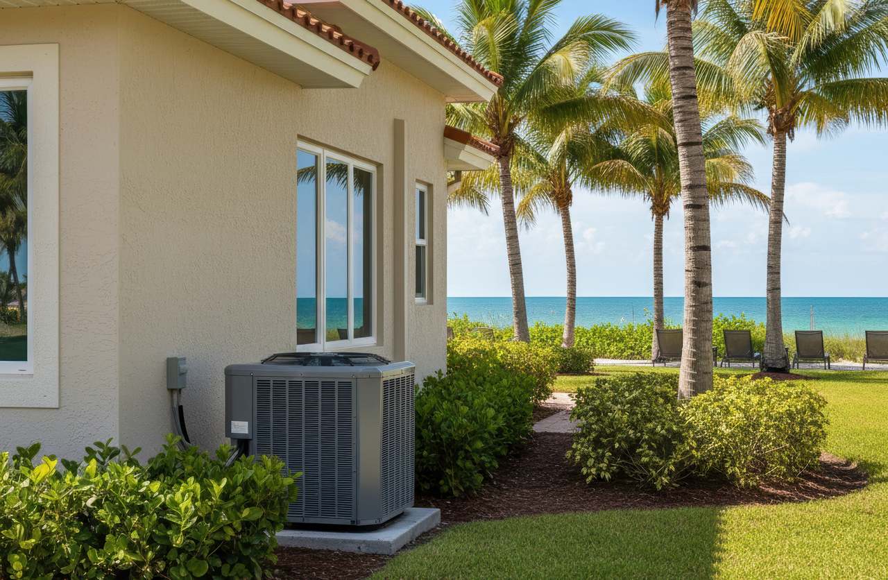 Outdoor air conditioning unit installed beside a coastal home, surrounded by palm trees and landscaping near the ocean.
