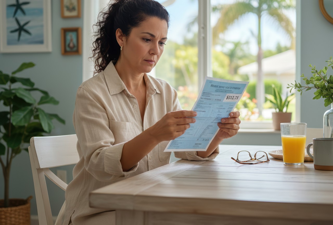 Woman reviewing an electricity bill at a kitchen table, considering energy-efficient air conditioning costs in a bright, modern home.