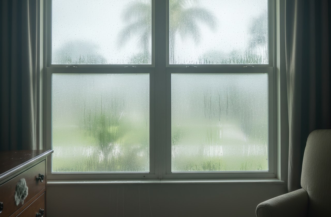 Condensation forming on indoor window panes, showing high indoor humidity levels and moisture buildup near a living space.