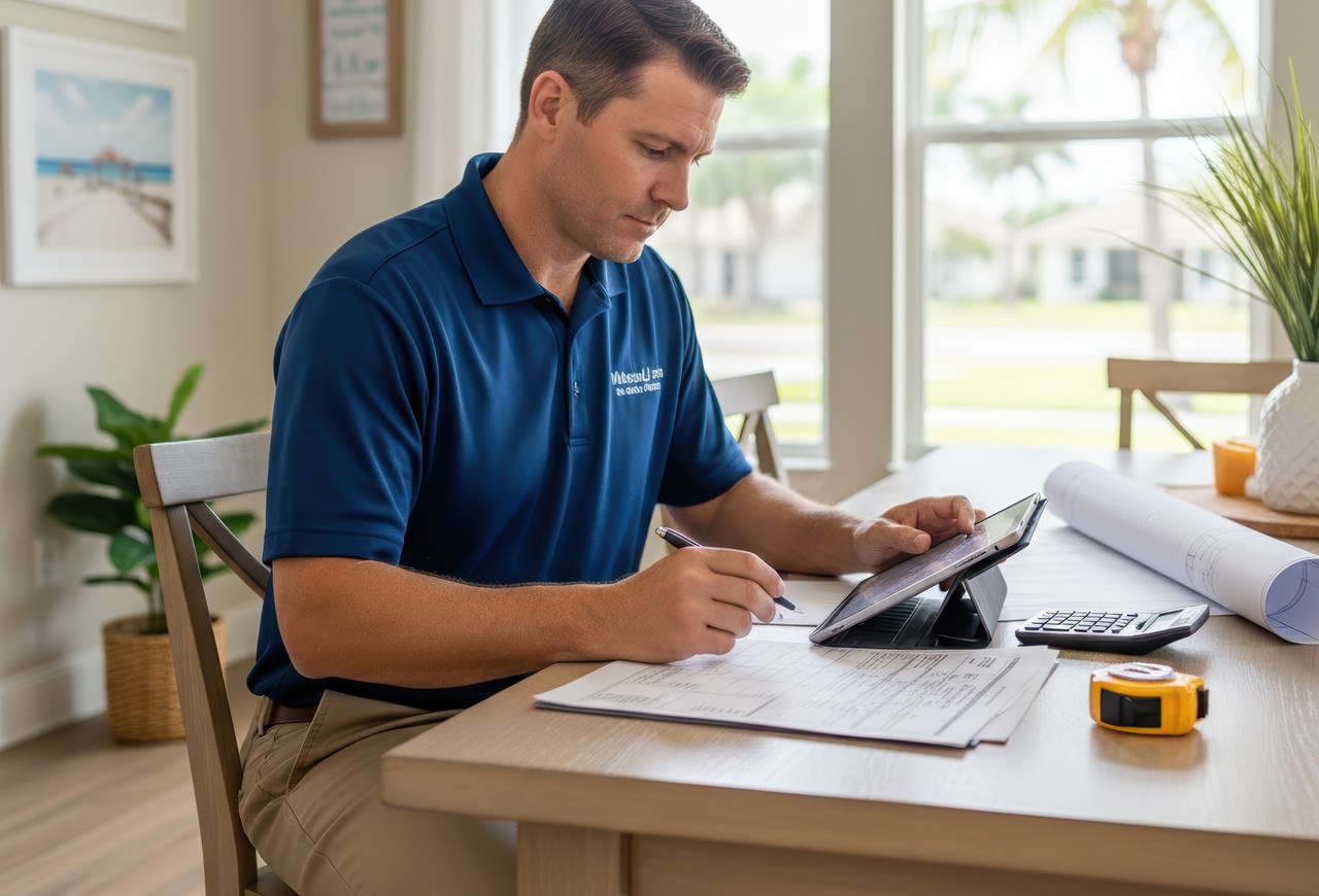 HVAC technician reviewing AC unit sizing plans on a tablet at a table, calculating measurements and system requirements for a home installation.