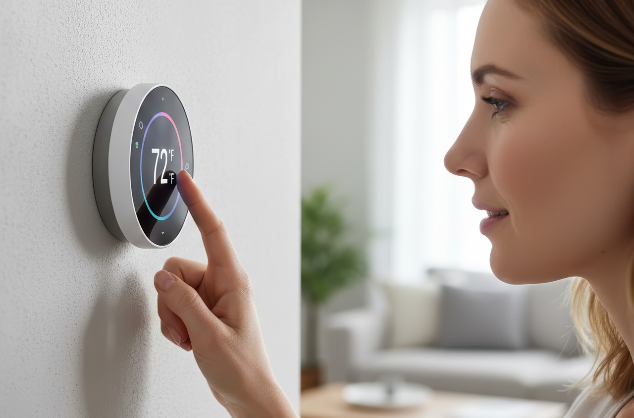Woman adjusting a smart thermostat on the wall to set indoor temperature in a modern, comfortable home.
