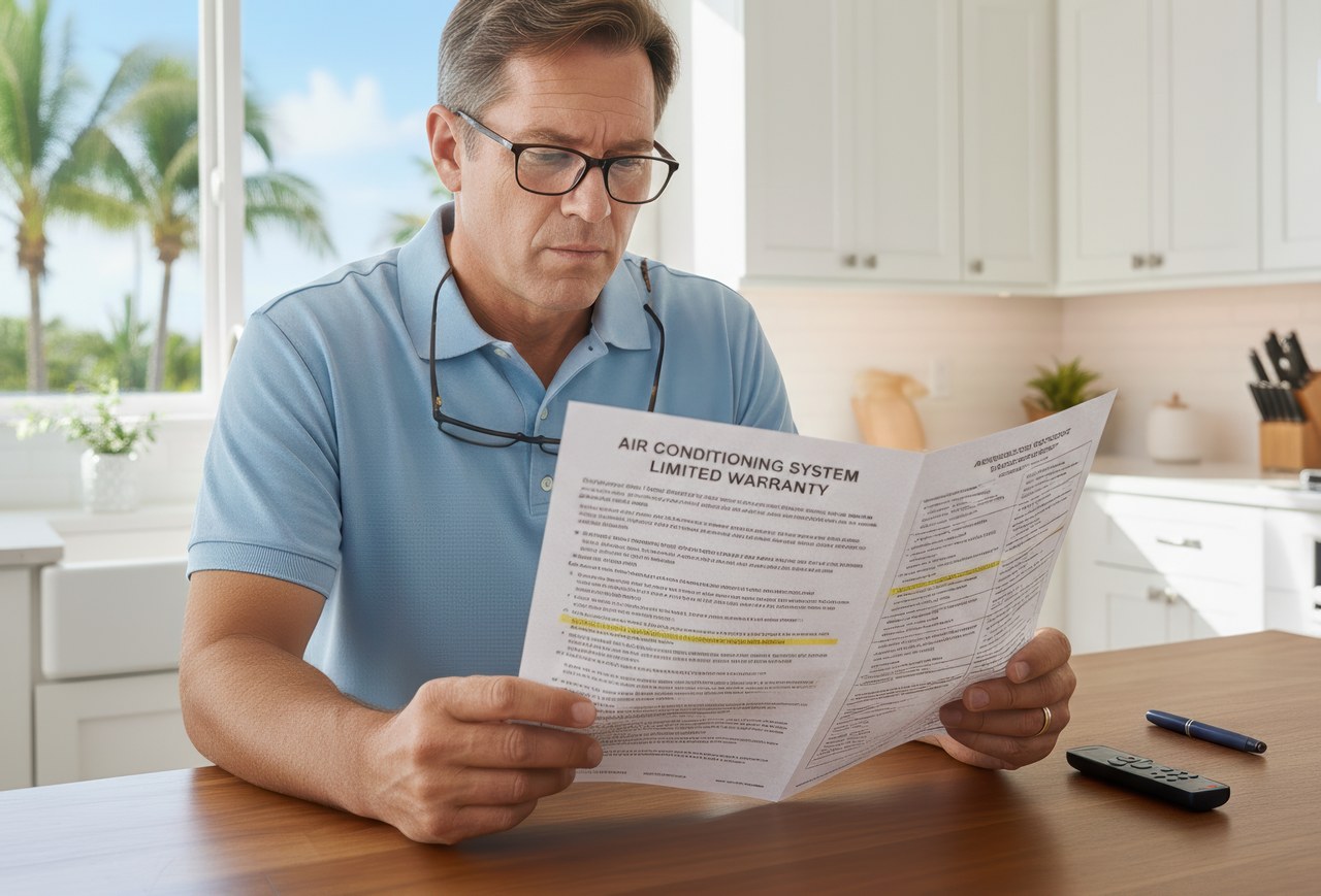 Homeowner reviewing an air conditioning system warranty document at a kitchen table in a bright, modern home.