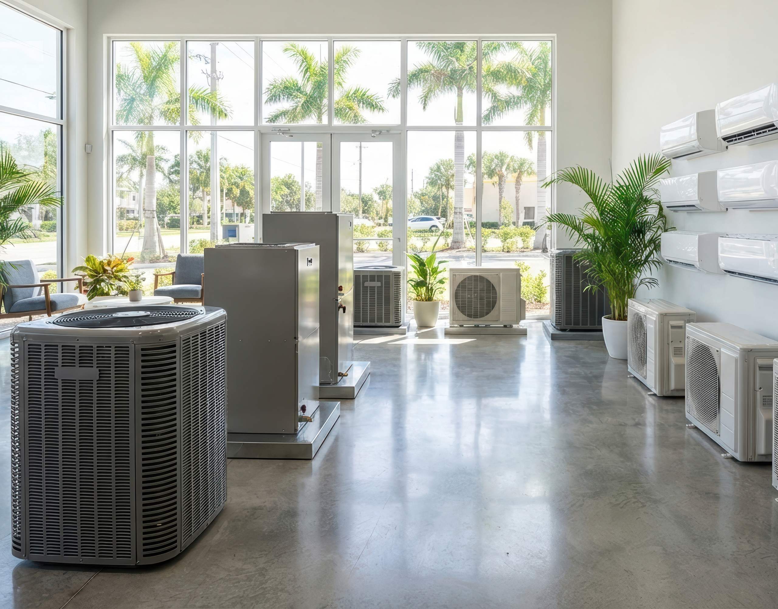 Bright showroom displaying multiple air conditioning units and heat pumps, highlighting some of the best ac units for florida homes in a modern space with large windows and indoor plants.
