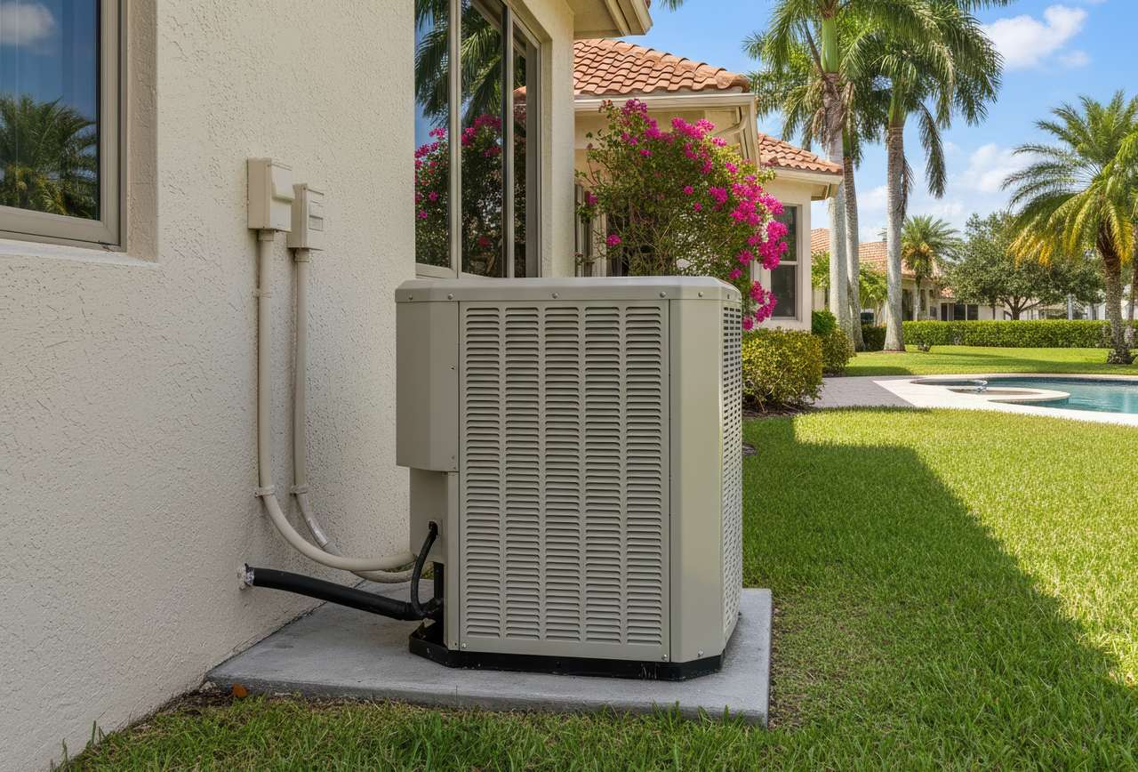 Outdoor heat pump installed beside a home, surrounded by palm trees and landscaping, providing efficient heating and cooling for the house.