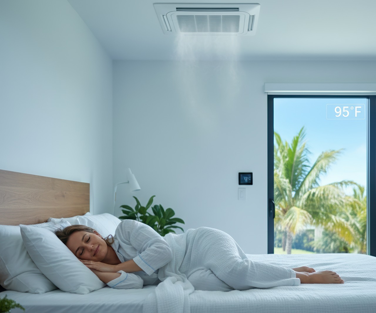 Woman sleeping comfortably under a ceiling-mounted two-stage AC unit while outdoor temperatures remain hot, showing efficient whole-home cooling indoors.