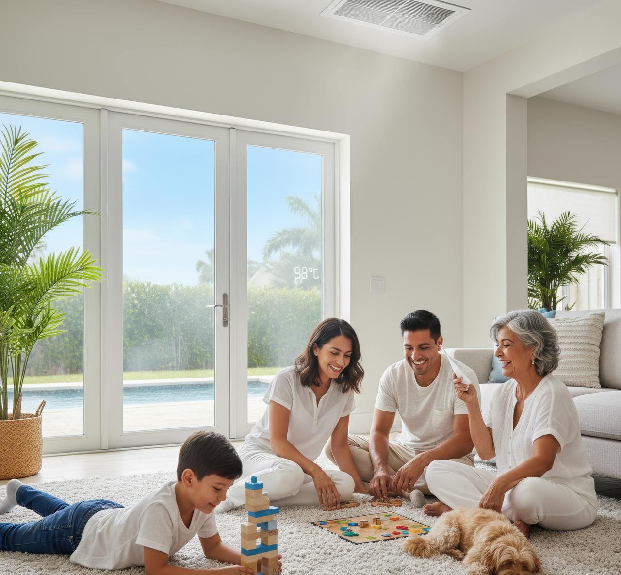 Family relaxing and playing indoors while a variable-speed AC unit provides quiet, even whole-home cooling on a hot day.