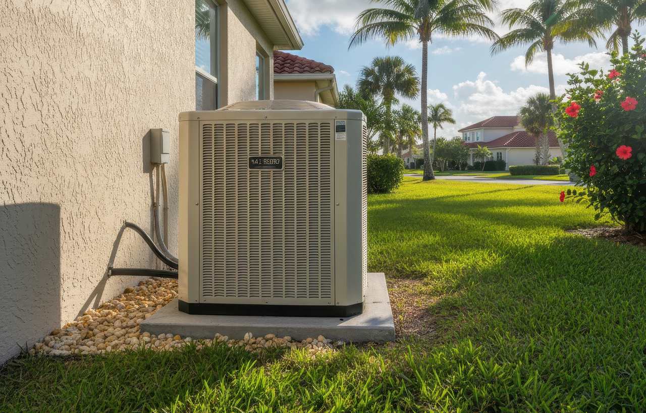 Outdoor air conditioner installed beside a Florida home, meeting modern SEER2 minimum efficiency rating standards.