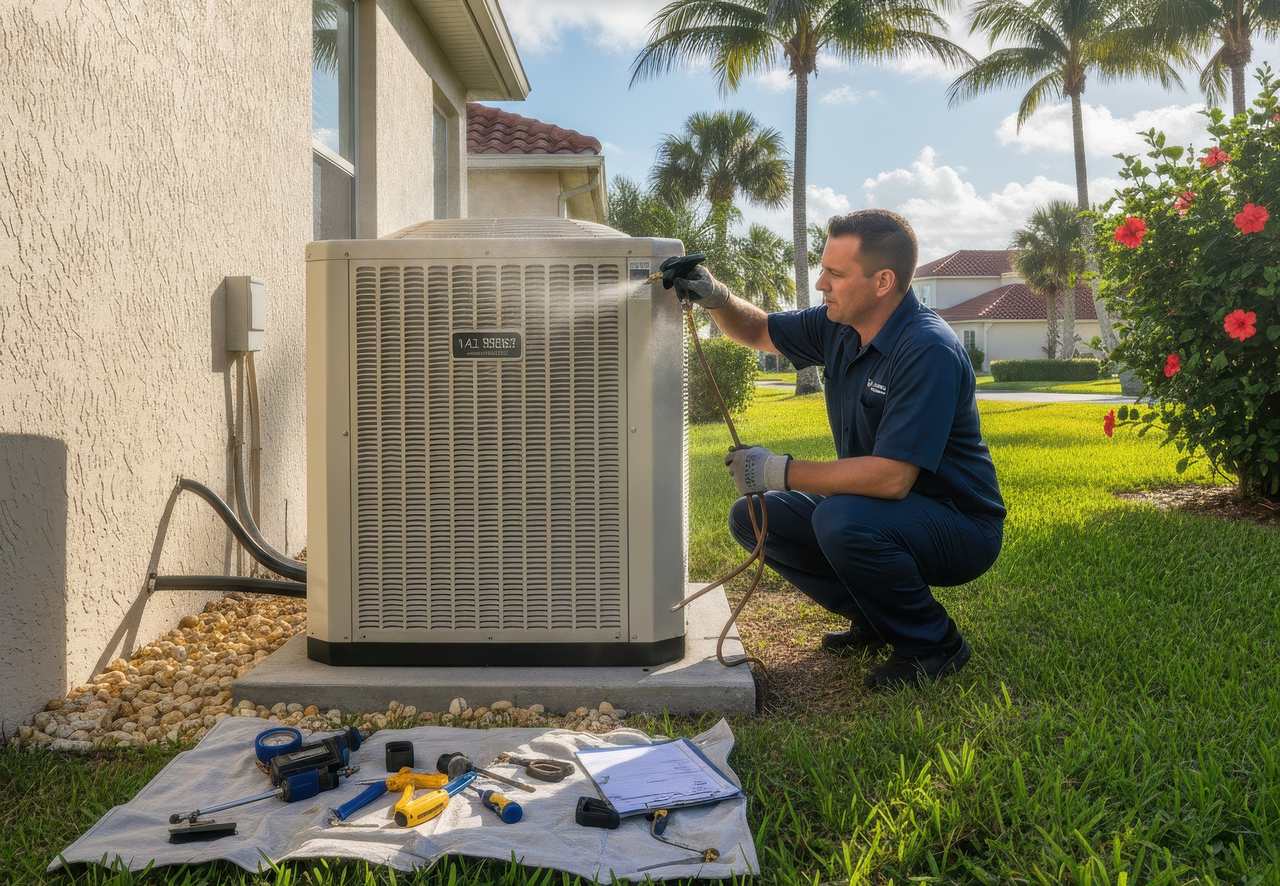 HVAC technician performing outdoor air conditioner maintenance at a Florida home, cleaning and inspecting the AC unit to improve efficiency and reliability.