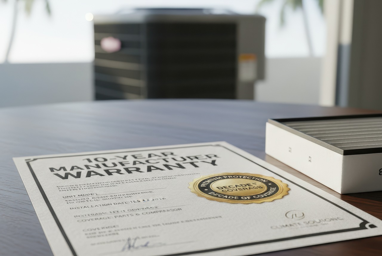 Air conditioner manufacturer warranty document displayed with an HVAC unit and air filter in the background.