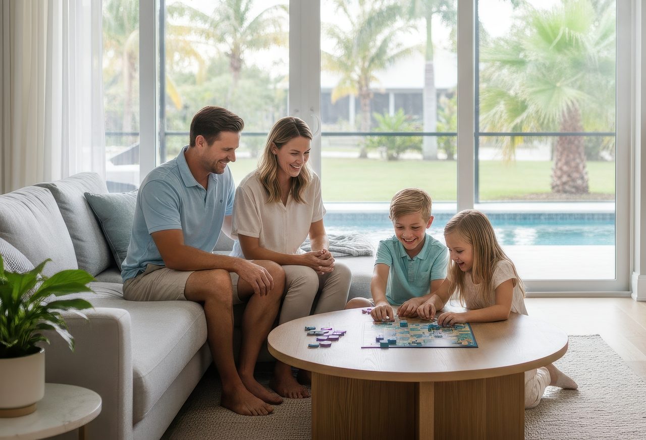 Family relaxing and playing a board game in a cool, comfortable Florida home with efficient air conditioning.