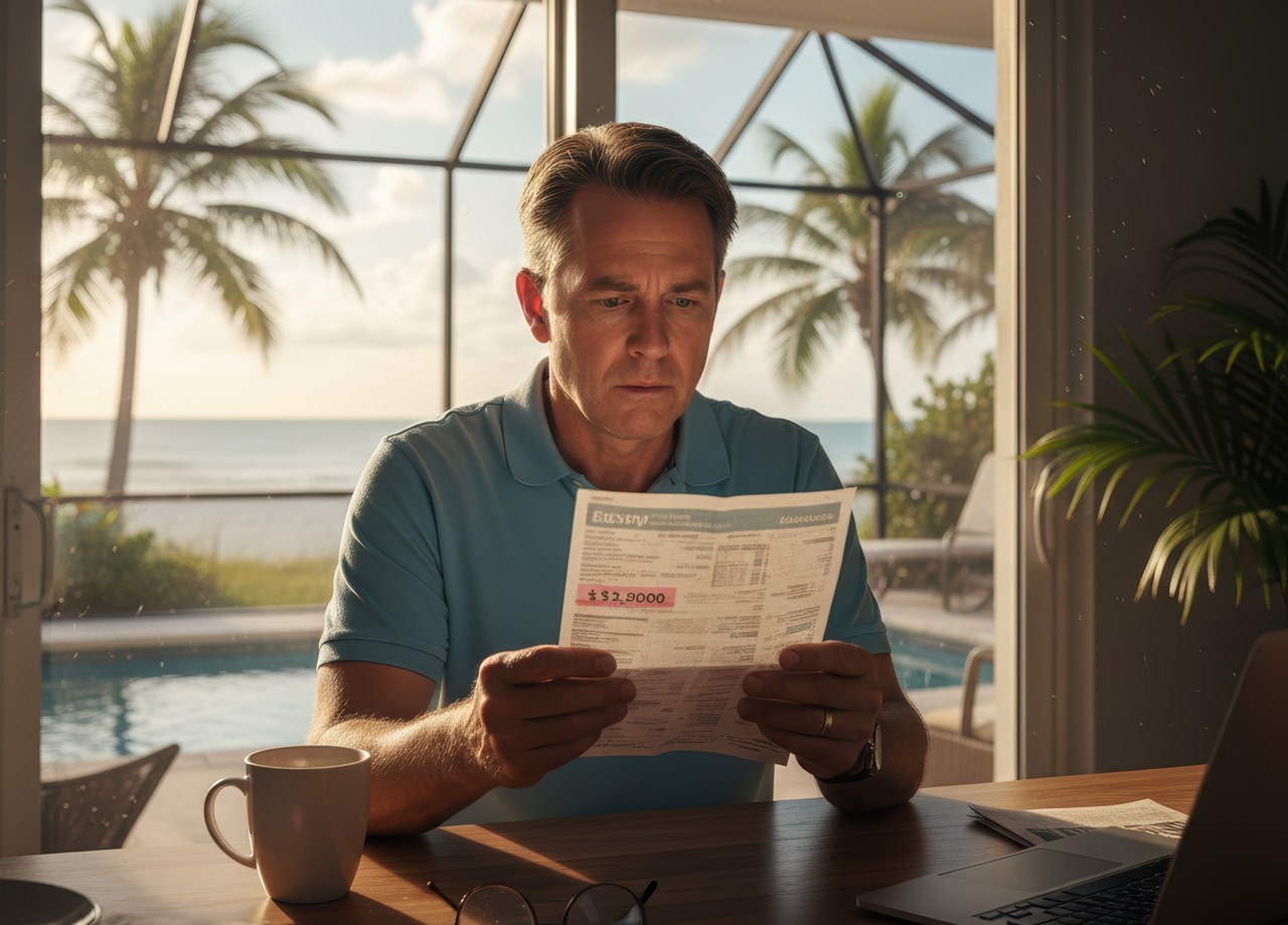 Homeowner reviewing an air conditioning monthly energy bill while sitting at a table near a poolside patio.