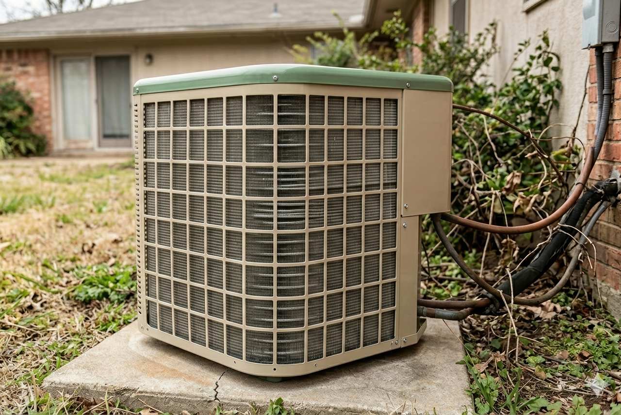 An aging tan and green AC condenser unit sits on a concrete pad in a residential backyard next to a brick house.