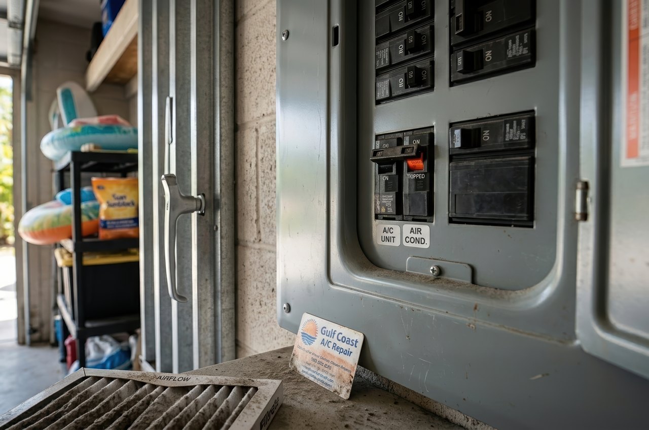 A residential breaker box shows a tripped circuit for the air conditioning unit in a garage setting.