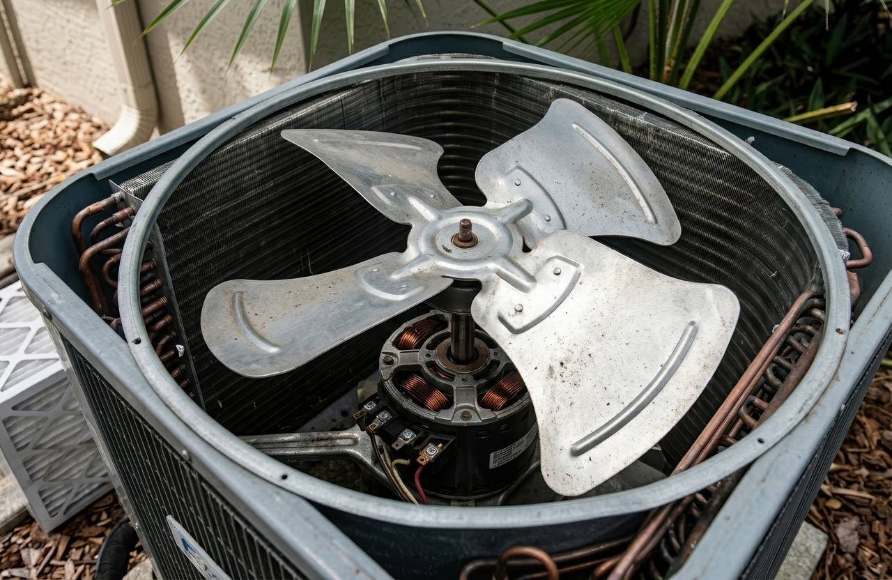 Close-up of an outdoor AC condenser unit with the top grill removed to show the metal fan blades in a backyard.