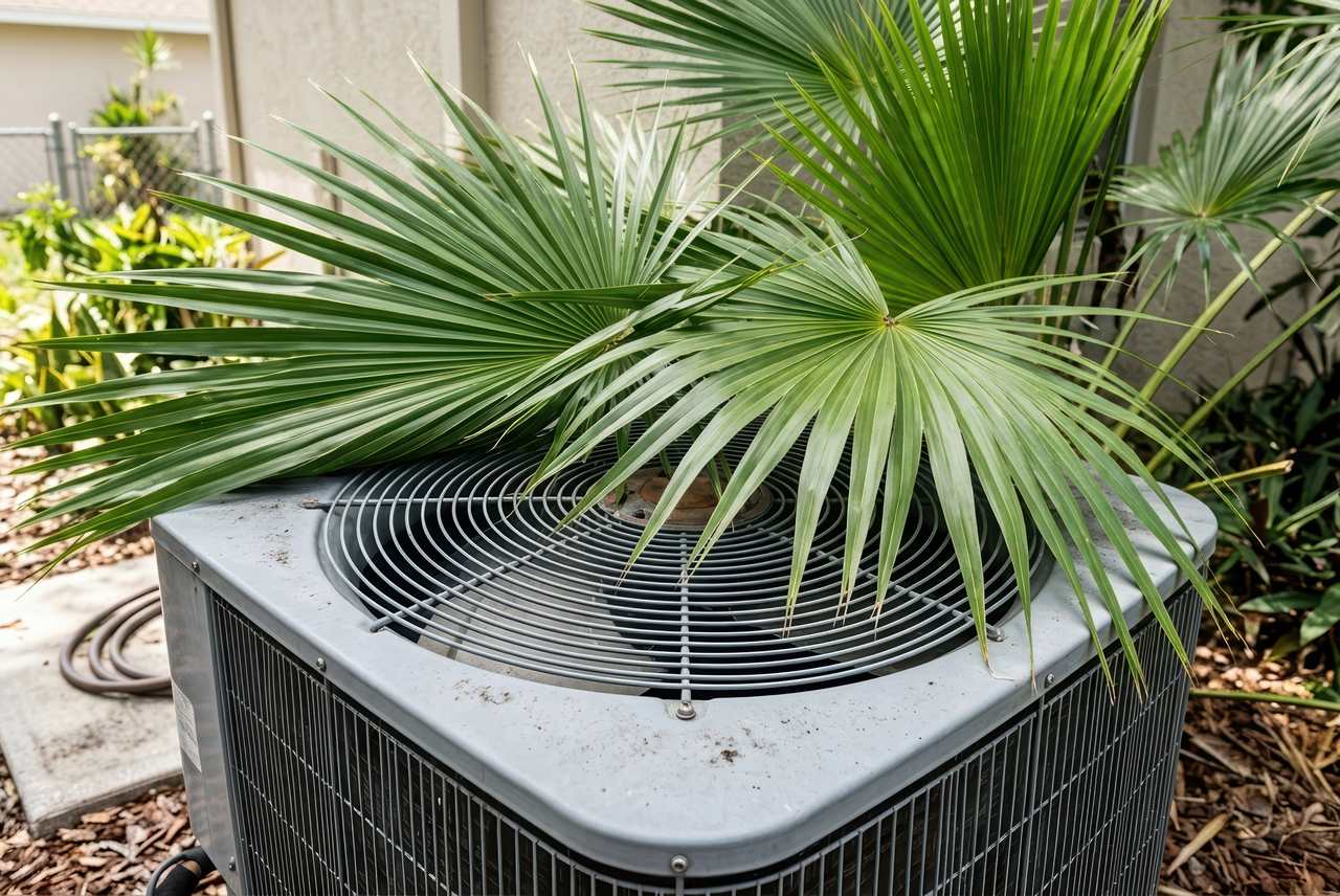 Close-up of green palm leaves covering the grill of a grey air conditioning condenser in a backyard garden.