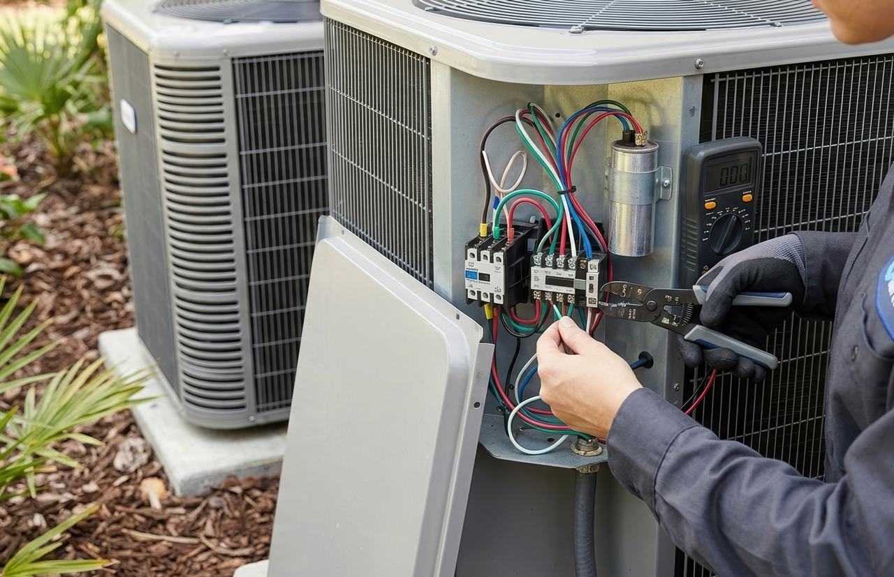 A technician uses wire strippers to inspect the electrical components of an outdoor AC unit in a residential backyard.