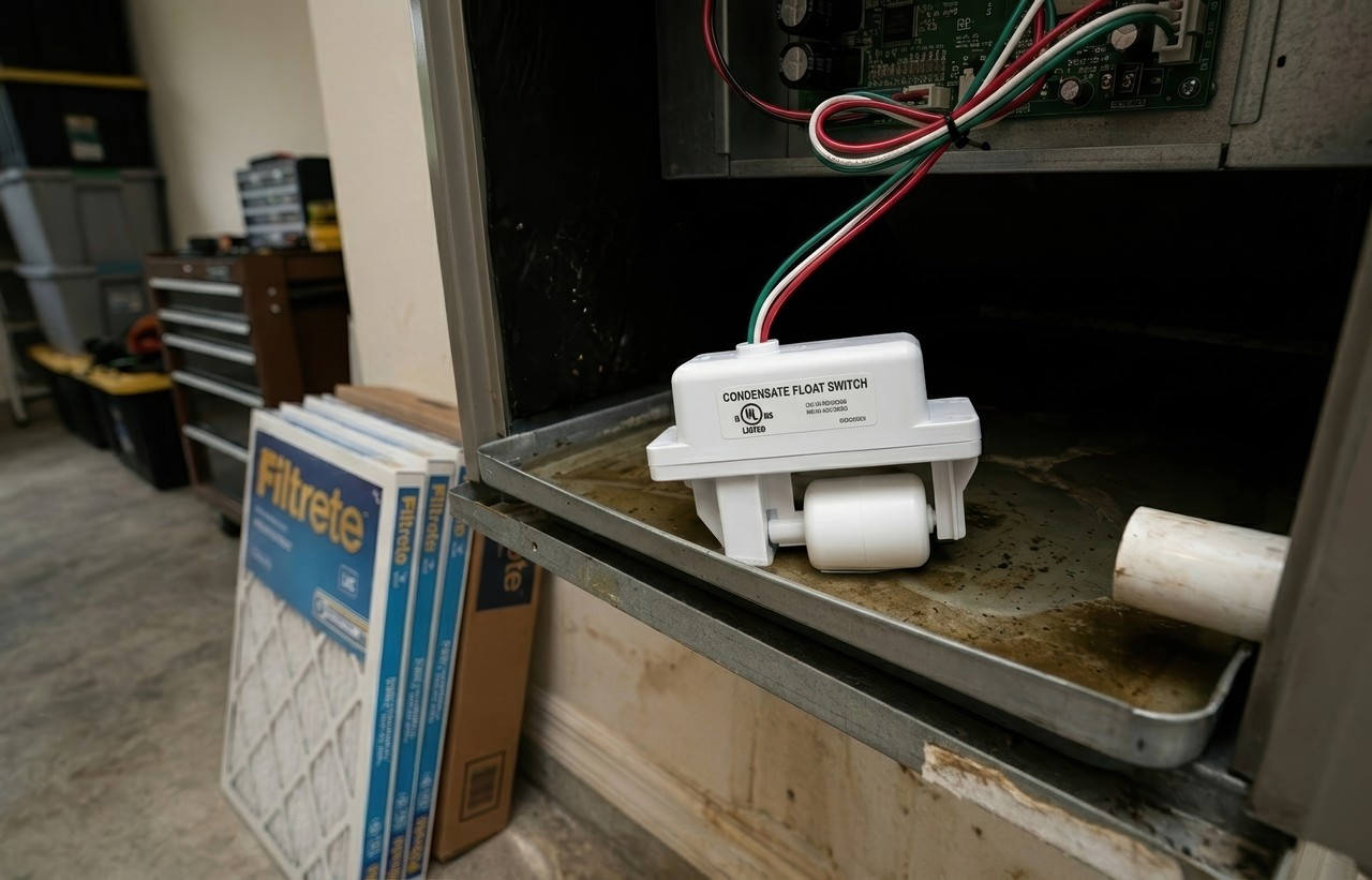Close-up of an HVAC condensate float switch with red and green wires in a drain pan near Filtrete air filters.