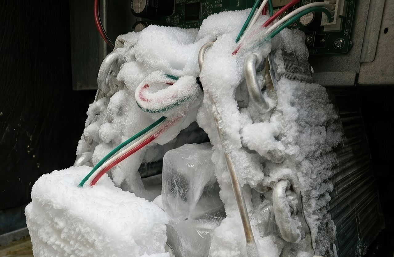 Close-up of a frozen HVAC evaporator coil with visible ice buildup on the copper tubing and electrical wires.