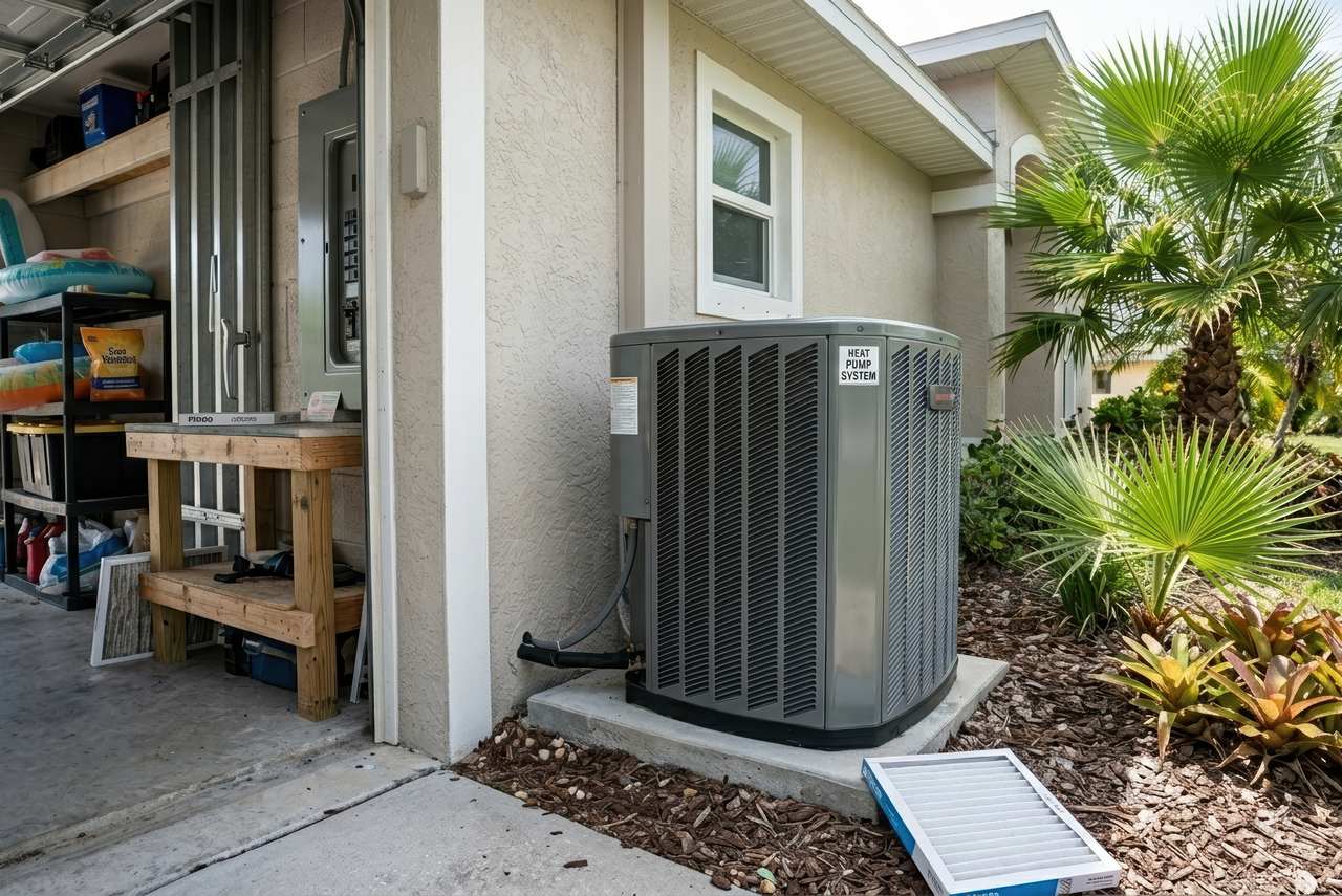 An outdoor heat pump unit is installed on a bed of mulch beside a house, with a new air filter resting nearby.