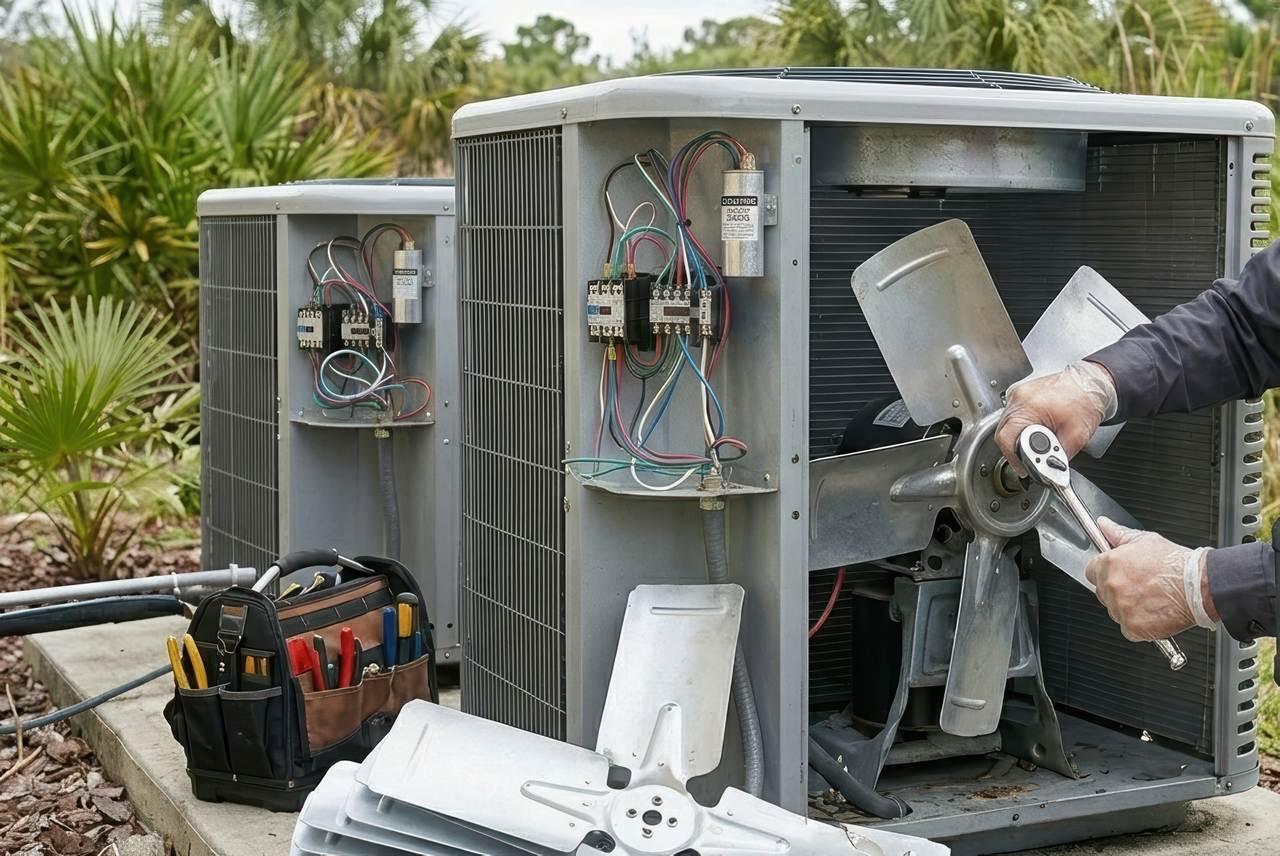 A technician uses a wrench to replace a damaged fan blade on an outdoor AC unit in a residential backyard.