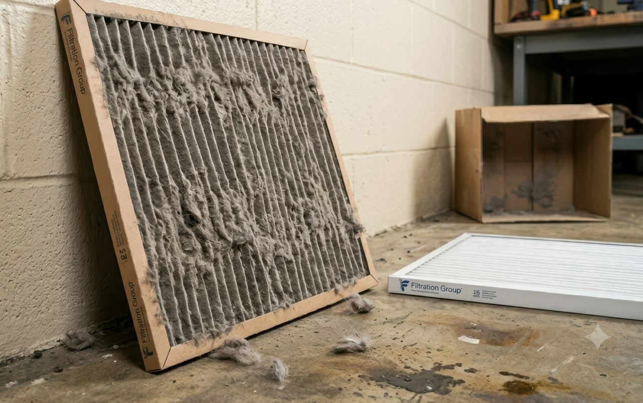 A professional photograph shows a deeply clogged cardboard framed Filtration Group air filter leaning against a painted cinder block wall. Thick grey dust coats the pleated surface and litters the concrete floor beside a pristine white replacement Filtration Group filter.
