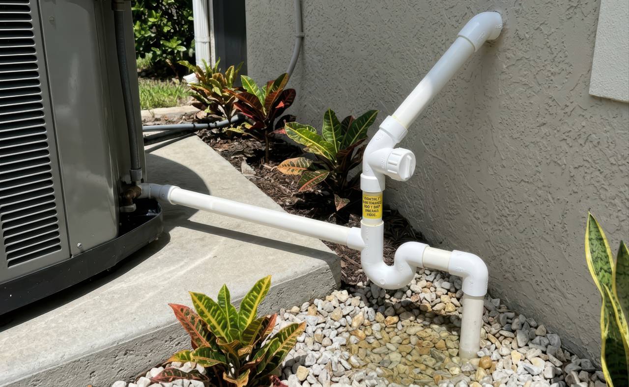 Bright sunlight illuminates a white PVC drain pipe routing from a stucco wall to a gray outdoor air conditioning unit on a concrete pad.