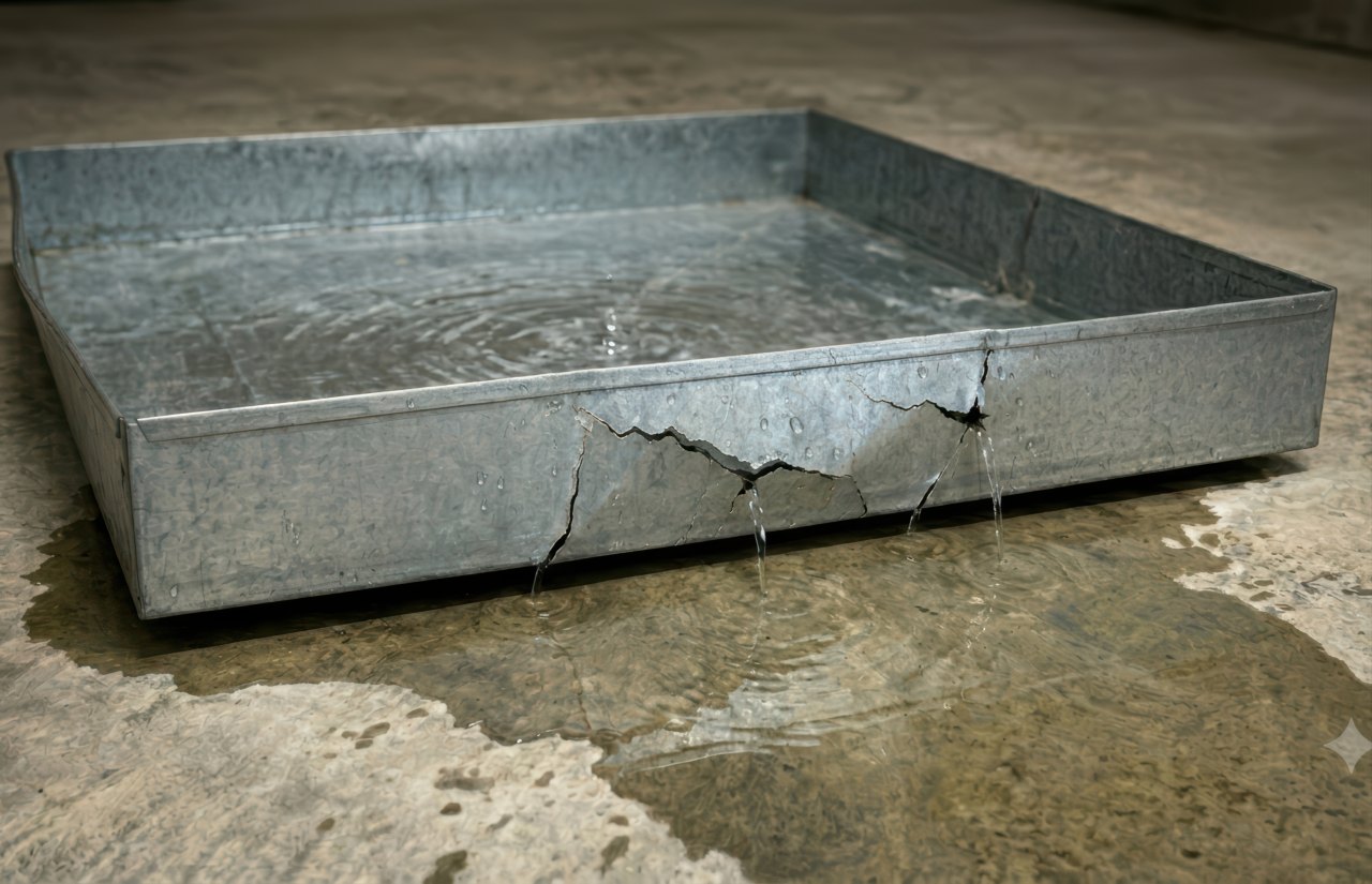A galvanized metal drain pan filled with water has a large jagged crack on its side allowing water to leak onto a bare concrete floor.