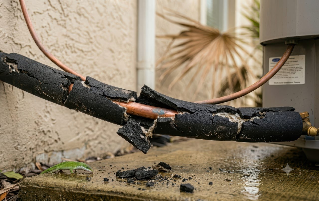 A professional photograph shows severely damaged black foam insulation peeling off a copper refrigerant line connected to a gray outdoor AC unit. Chunks of the torn foam litter the wet concrete pad next to a small green lizard.