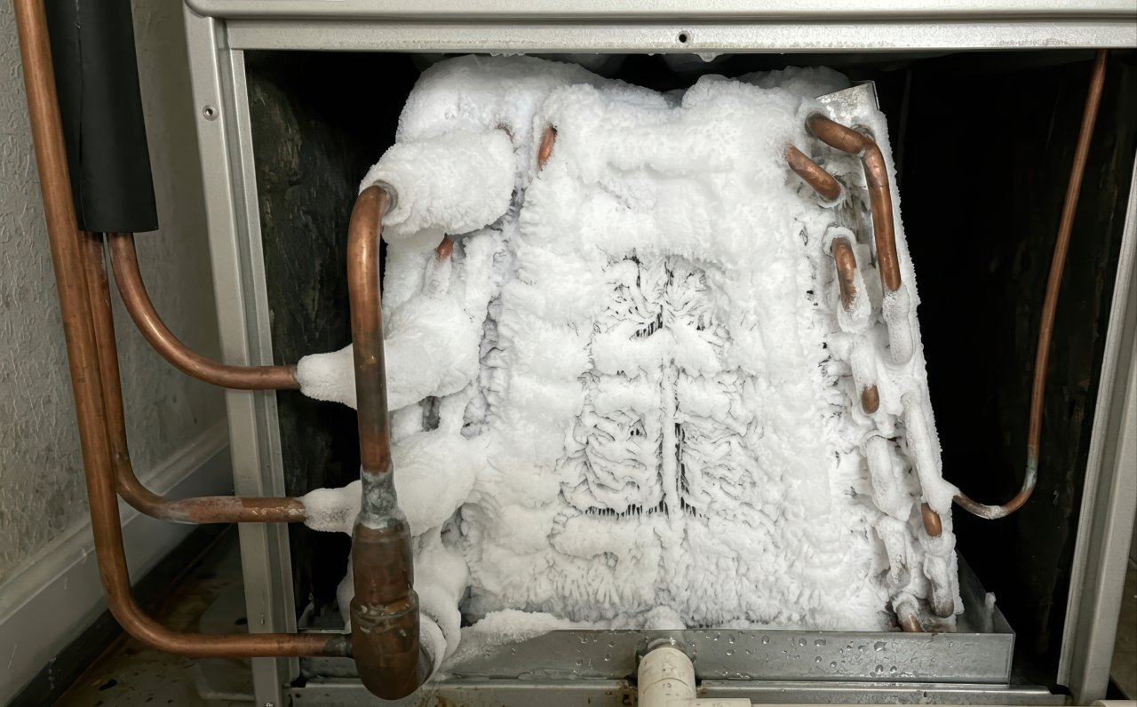Heavy frost and thick white ice thoroughly cover the metallic fins and copper tubes of an indoor air conditioning coil.