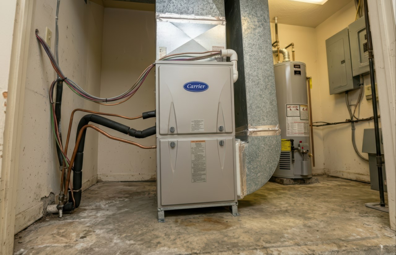Copper pipes and wiring route into a gray Carrier HVAC unit standing on a bare concrete floor beside large galvanized metal ductwork.