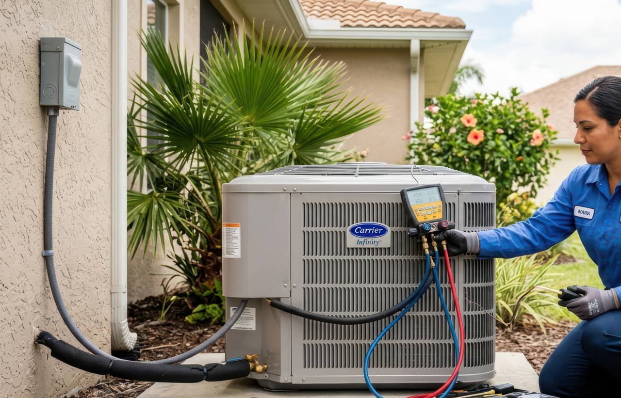 A middle-aged technician uses digital manifold gauges to service a Carrier Infinity air conditioning unit in a sunny yard.