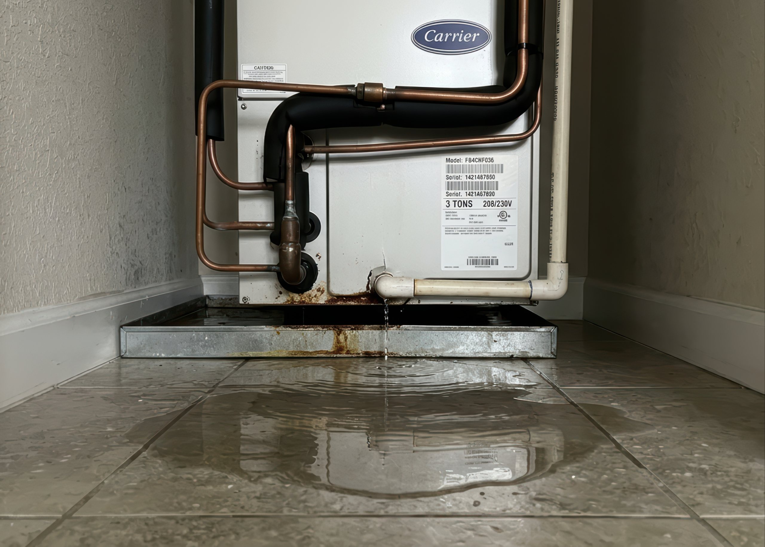 why-is-my-ac-leaking-water An AC leaking water drips from a white PVC pipe attached to a Carrier unit and overflows a rusty metal drain pan onto a tiled floor.